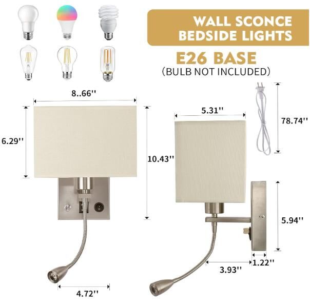 Bedside Wall Mount Lights with Dimmable Switch, LED Bedroom Wall Lighting Fixtures with Reading Lamp USB Ports Brushed Nickel