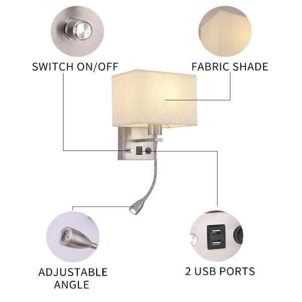 Bedside Wall Mount Lights with Dimmable Switch, LED Bedroom Wall Lighting Fixtures with Reading Lamp USB Ports Brushed Nickel