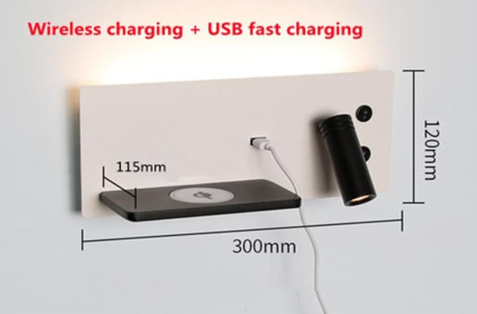 Hotel Headboard LED Reading Light with USB Wireless Charging Bedside Wall Mounted Reading Wall Light
