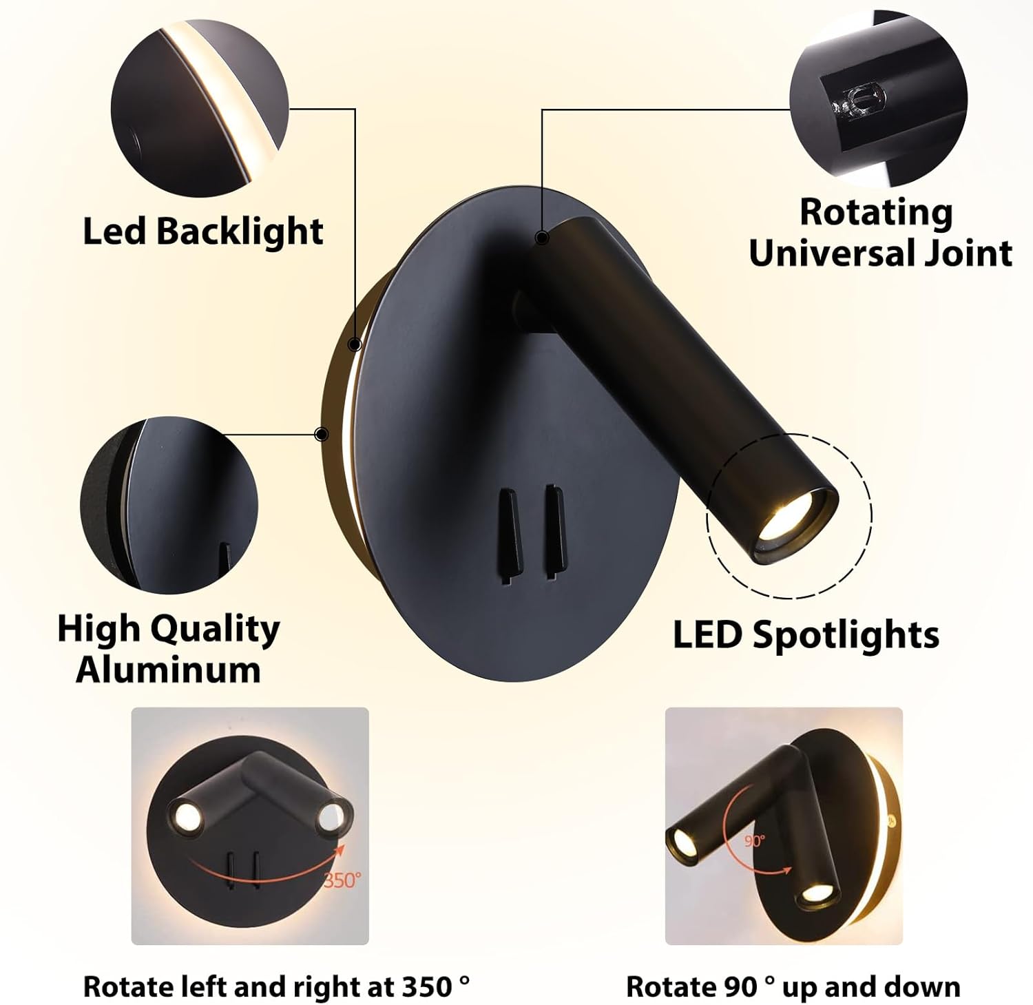 Aluminum Hotel Bedroom Round Spotlight Indoor Headboard Wall Light 3W+6W Wall Bracket Light Reading Lamp Wall Light
