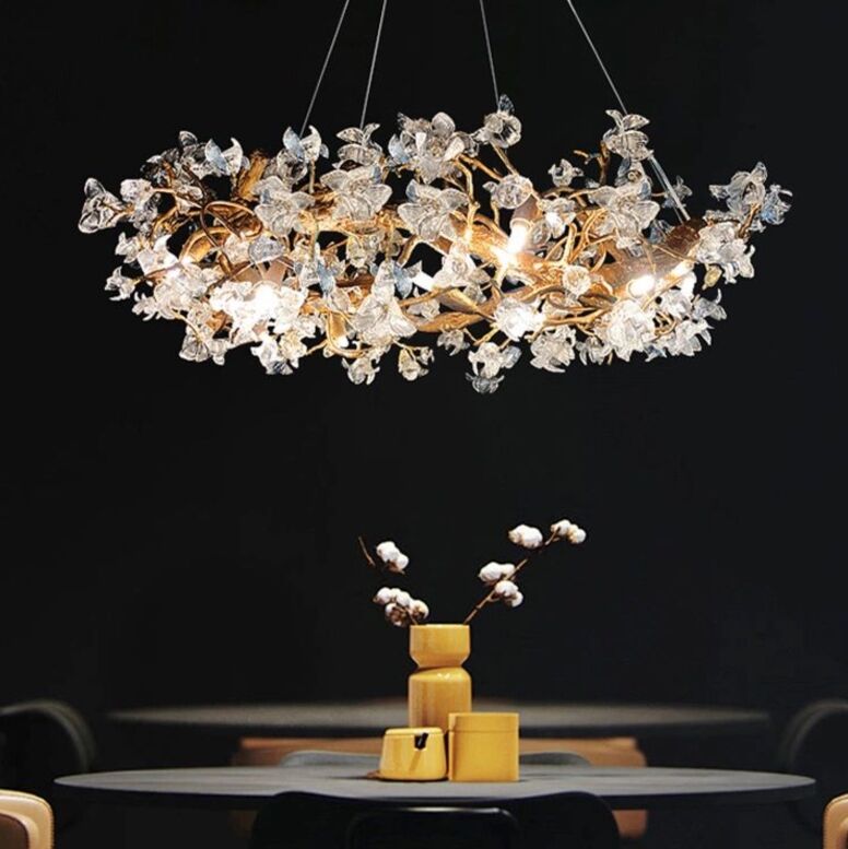 Copper Tree Branch Chandelier Dot Crystal Petal Hanging Lamp Decorative Dining Room Dandelion Flower Pendant Light
